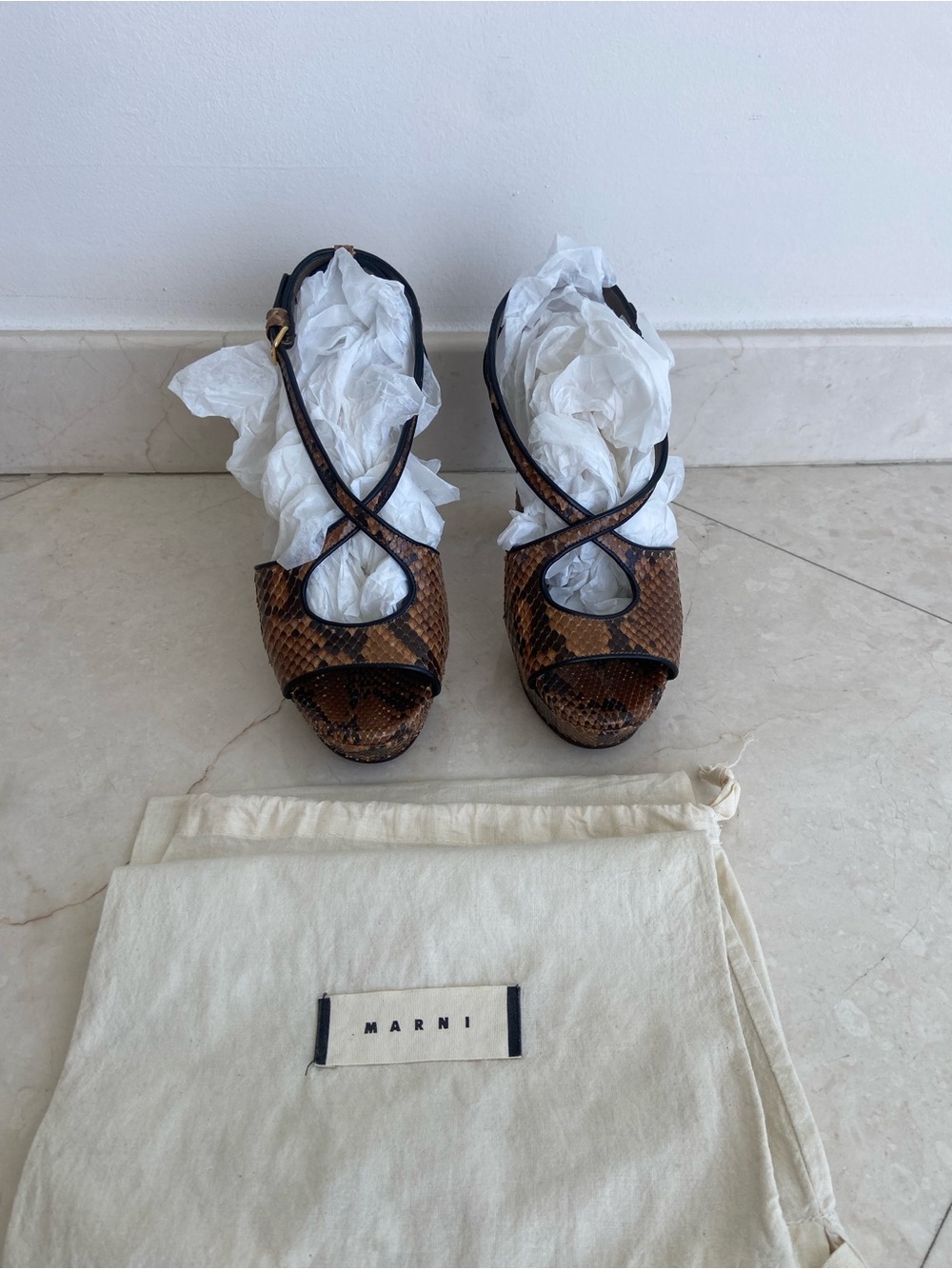 Marni Brown-Black Python Crisscross Peep-Toe Platform Sandals with Dust bags